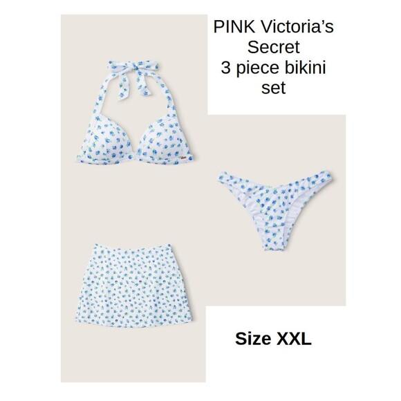 NWT PINK Victoria's Secret XXL Morning Sky Floral 3 Piece Bikini & Skirt Set - Picture 1 of 13
